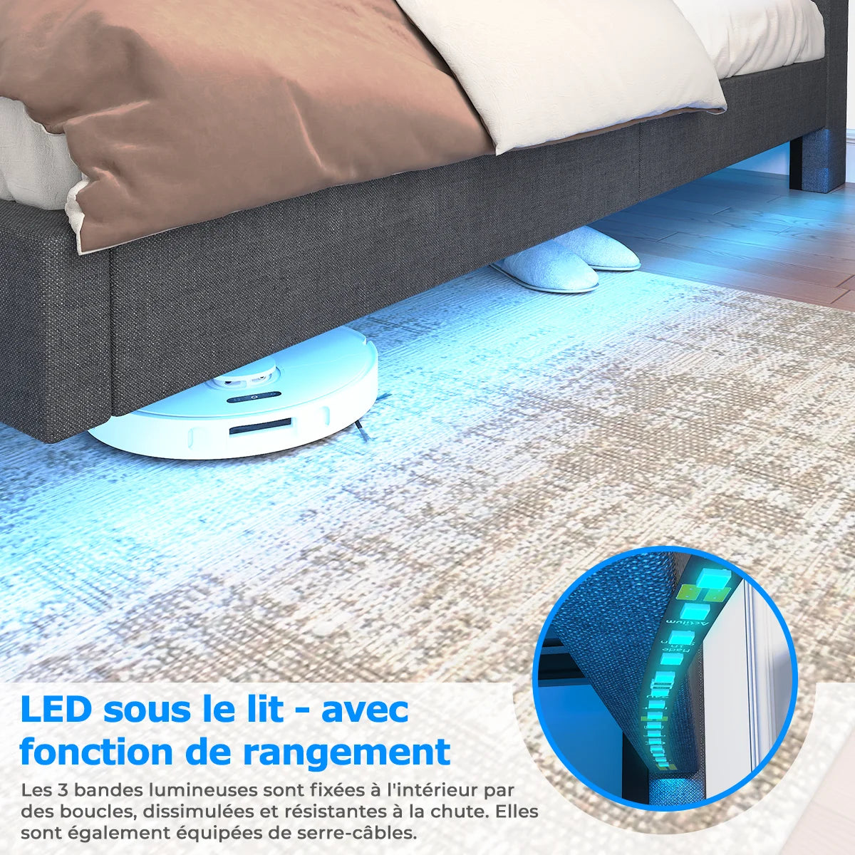Lit effet flottant avec LED, 2 prises et 2 ports USB