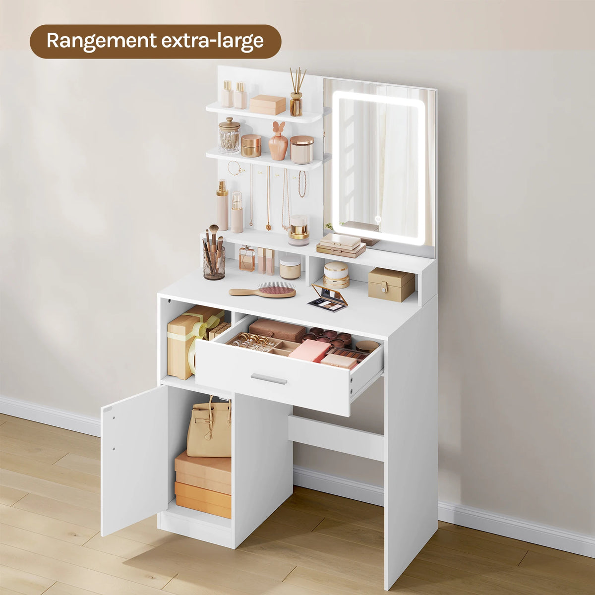 Coiffeuse blanche avec miroir LED et rangement