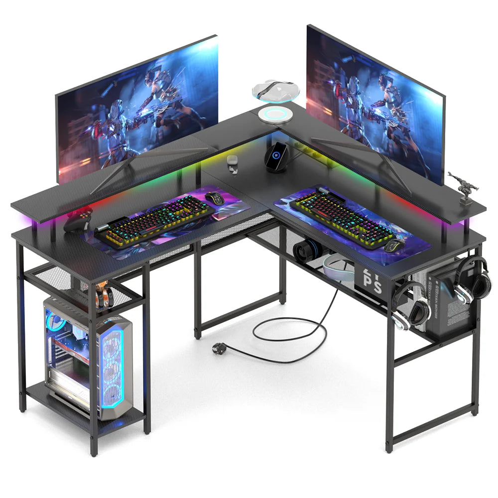 Bureau d’angle gaming 136 × 75 cm avec LED et USB