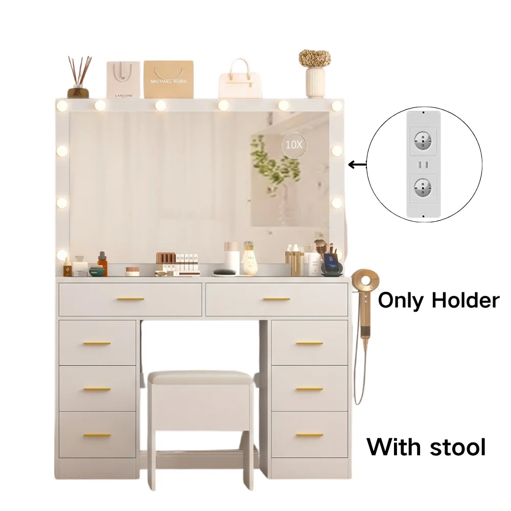 Coiffeuse à 8 tiroirs avec miroir et tabouret — tabouret avec compartiment de rangement