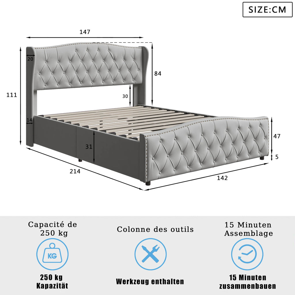 Lit double coffre en velours 140 ou 160 × 200 cm