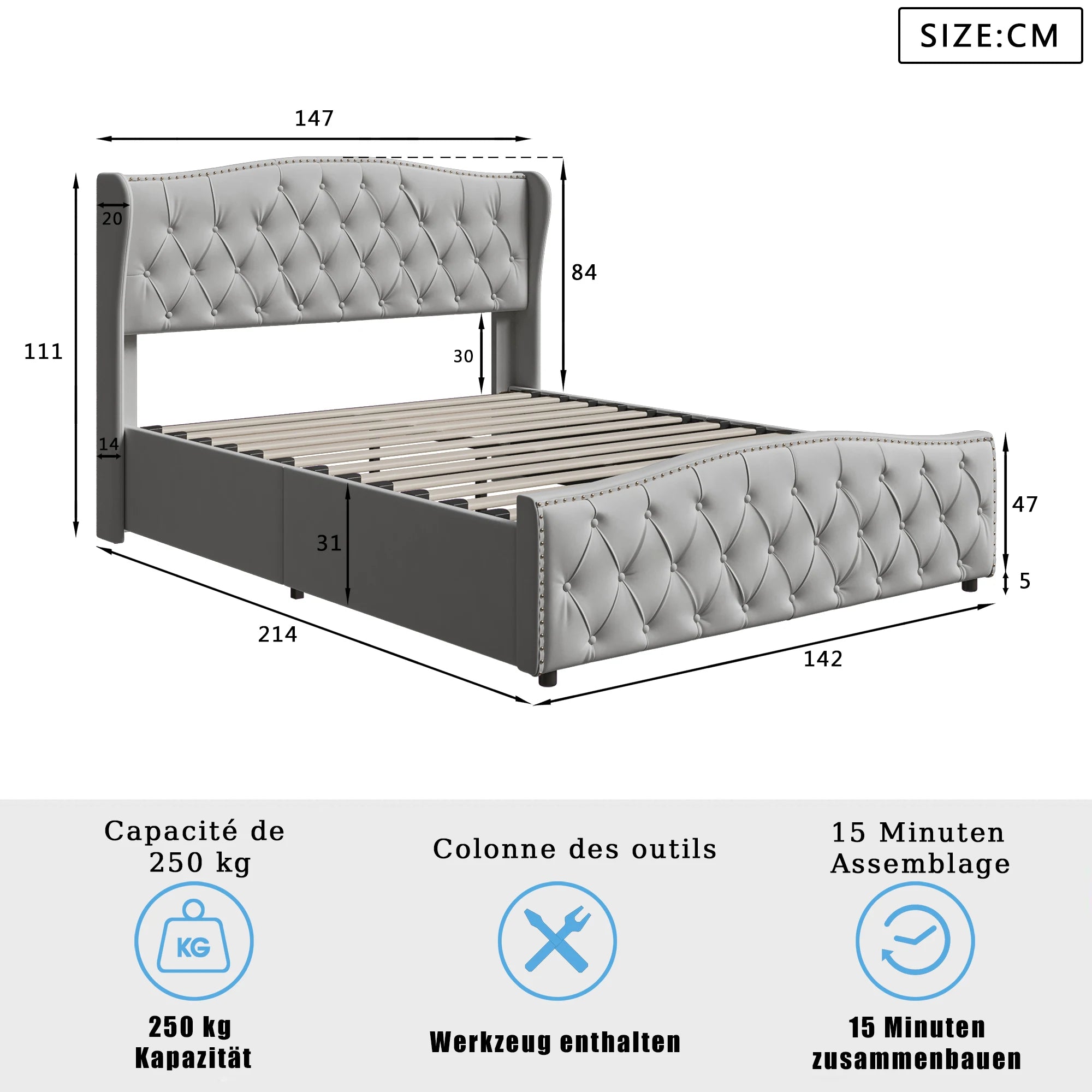 Lit double coffre en velours 140 ou 160 × 200 cm