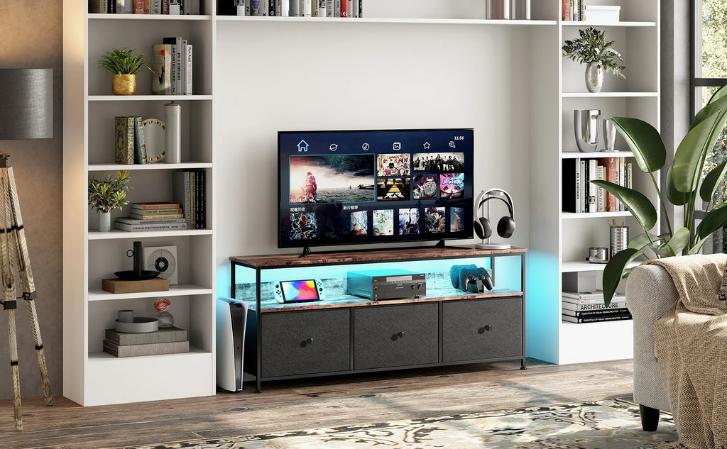 Meuble TV vintage avec LED et trois tiroirs textiles, illustration 5