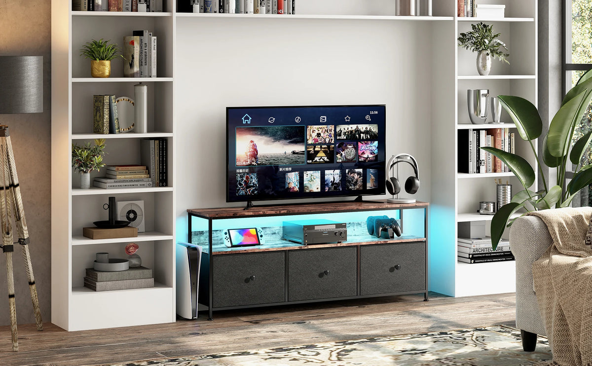 Meuble TV vintage avec LED et trois tiroirs textiles, illustration 5