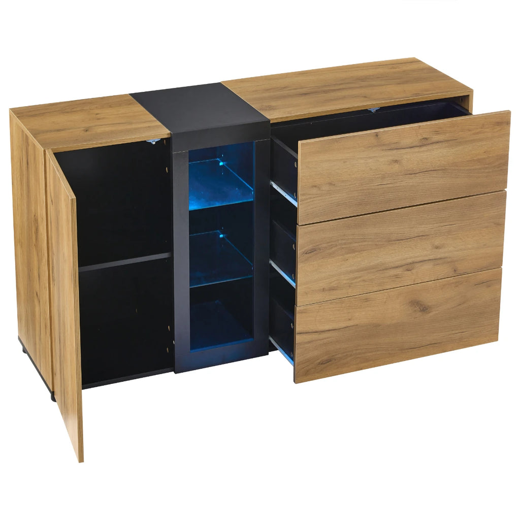 Buffet moderne 140 cm avec vitrine LED et 3 tiroirs
