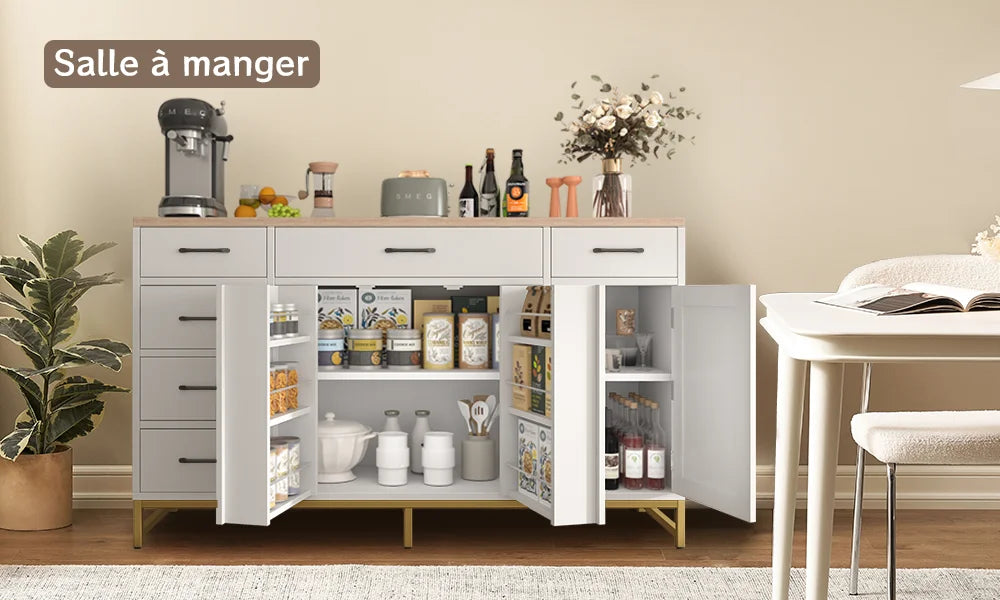 Meuble buffet blanc avec plan de travail, deux tiroirs et portes, rangement intérieur
