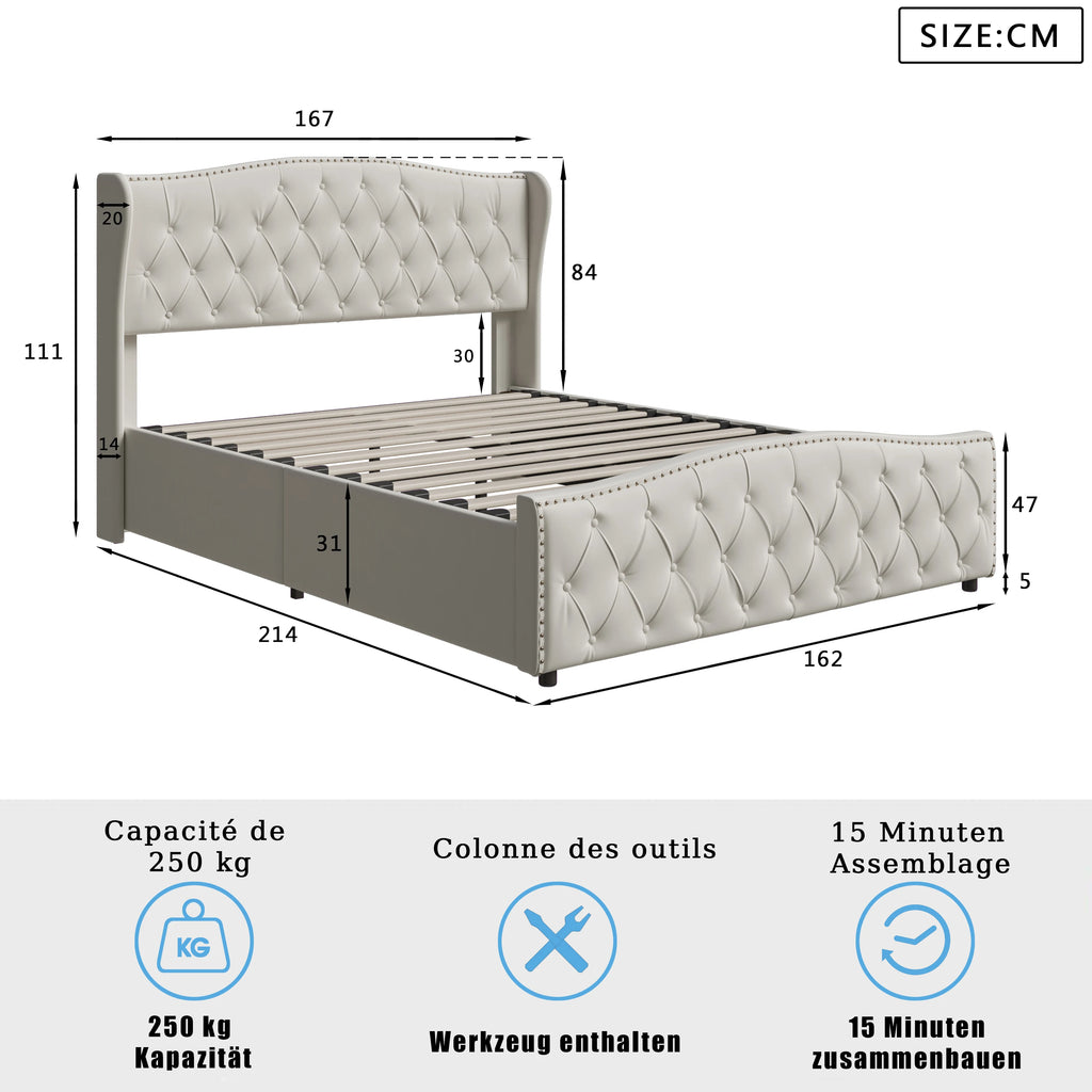 Lit double coffre en velours 140 ou 160 × 200 cm