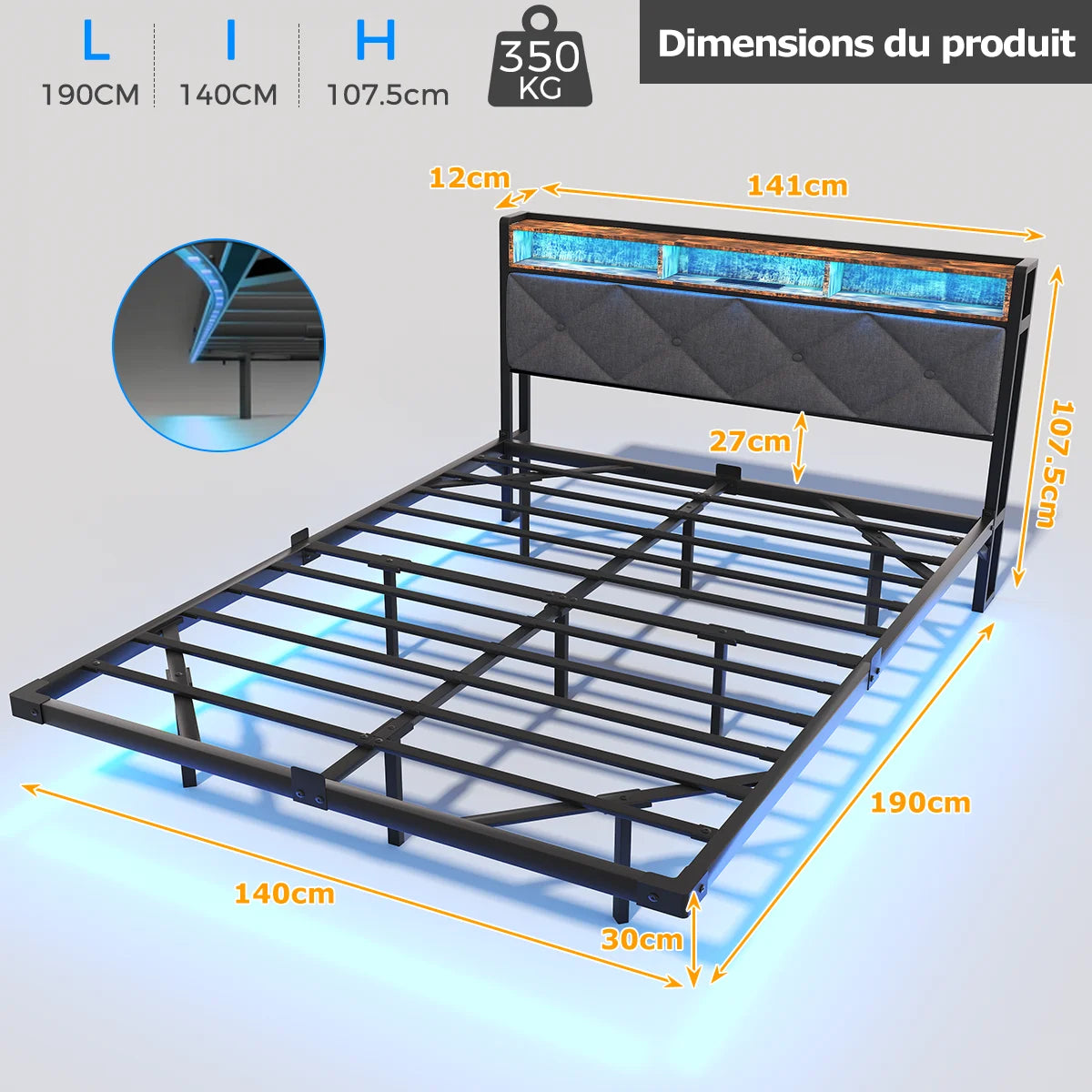 Lit 140 × 190 cm avec LED, USB et rangement