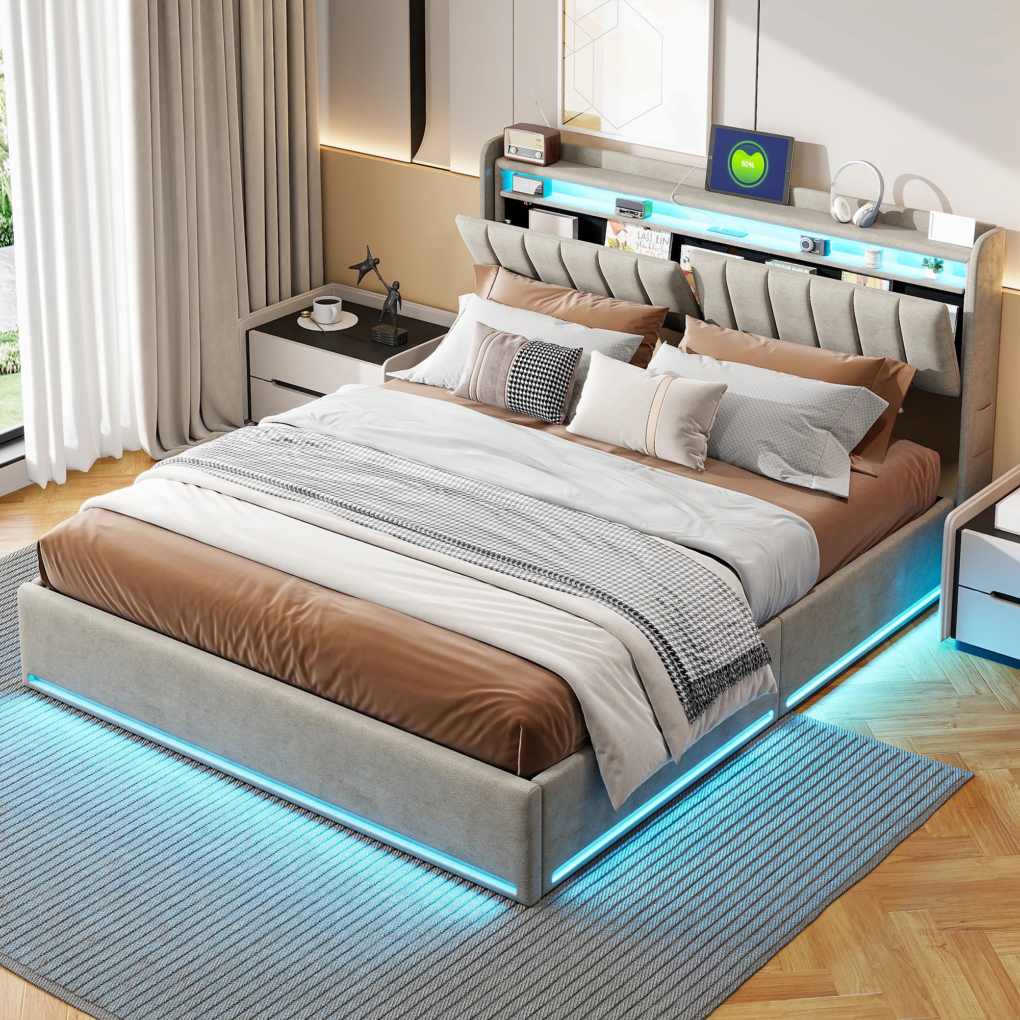 Lit coffre 140 × 200 cm avec LED et port USB
