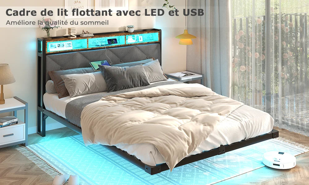 Lit 140 × 190 cm avec LED, USB et rangement