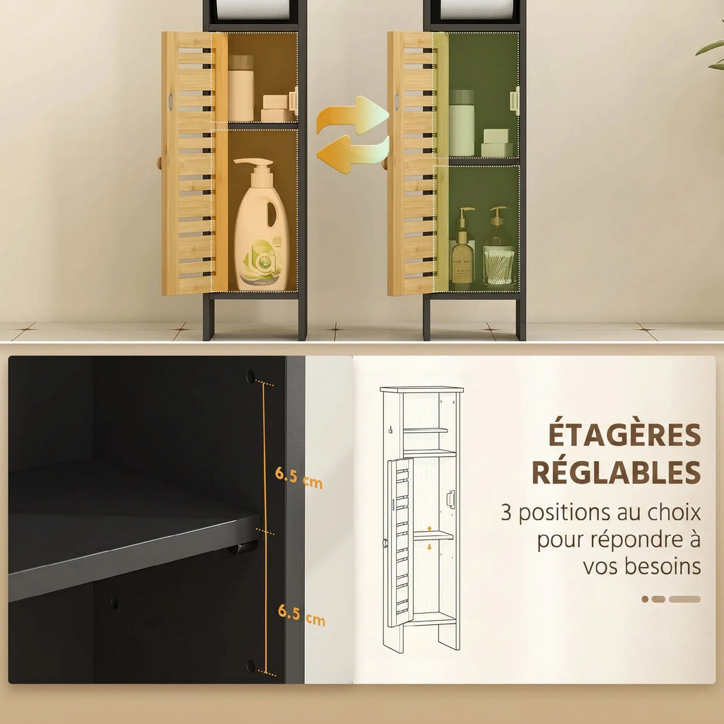 Meuble WC étroit en bois et bambou avec porte-rouleau