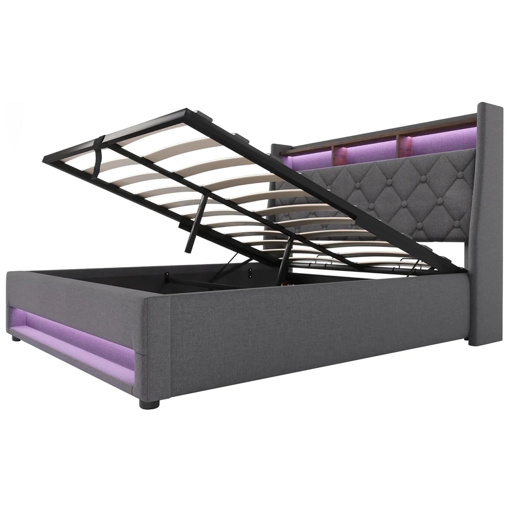 Lit coffre 140 × 190 cm avec LED et ports USB