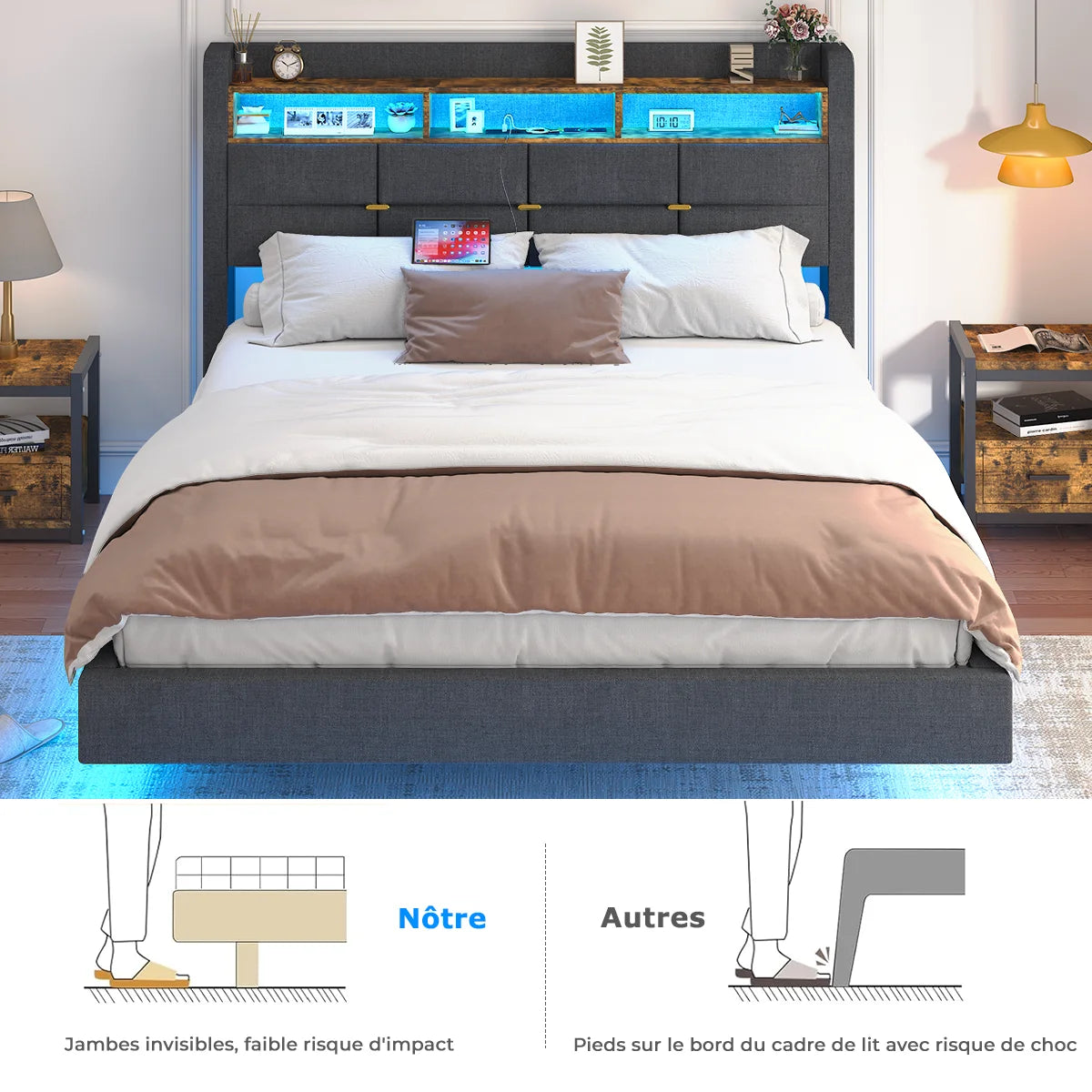Lit effet flottant avec LED, 2 prises et 2 ports USB