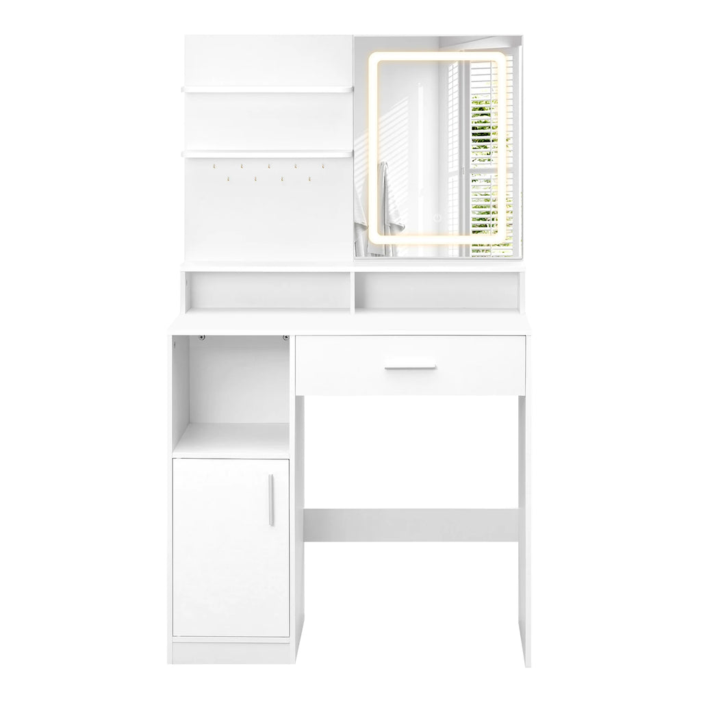 Coiffeuse blanche avec miroir LED et rangement