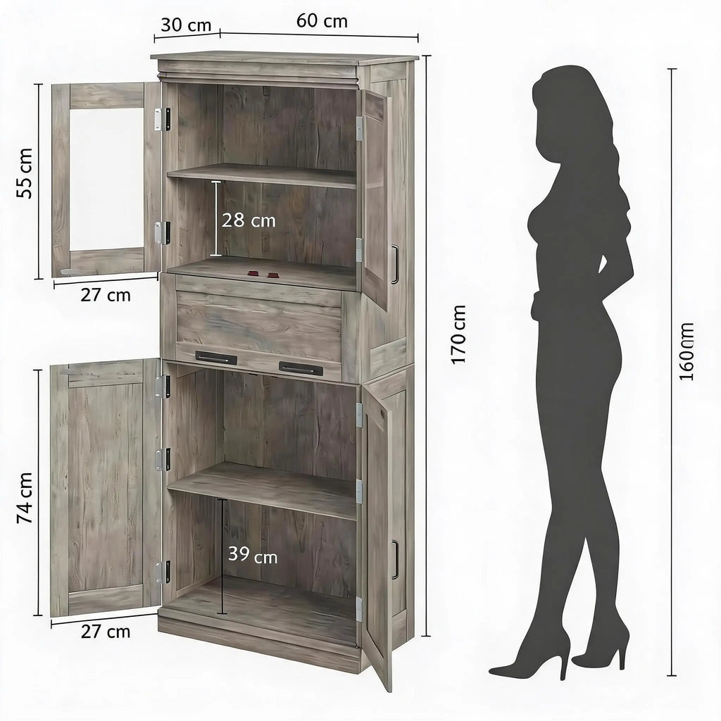 Colonne de salle de bain grise 170 cm avec rangement et portes vitrées, visuel 6