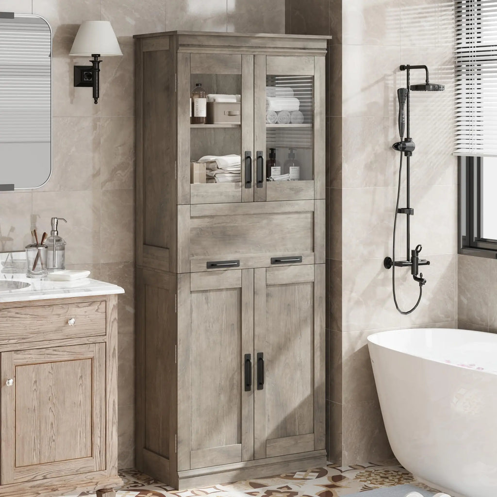 Colonne de salle de bain grise 170 cm avec rangement et portes vitrées, visuel 4