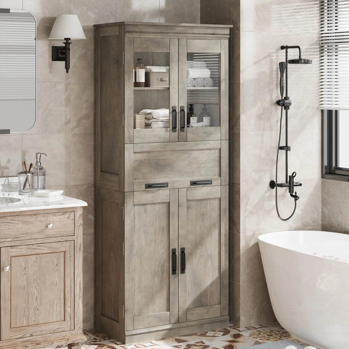 Colonne de salle de bain grise 170 cm avec rangement et portes vitrées, visuel 4