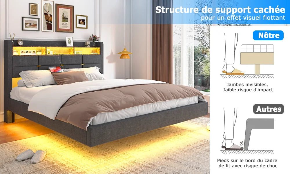 Lit effet flottant avec LED, 2 prises et 2 ports USB