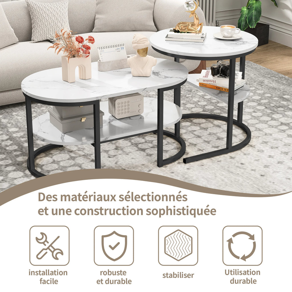 Tables basses gigognes ronde et ovale, effet marbre clair — plateaux et niveaux de rangement