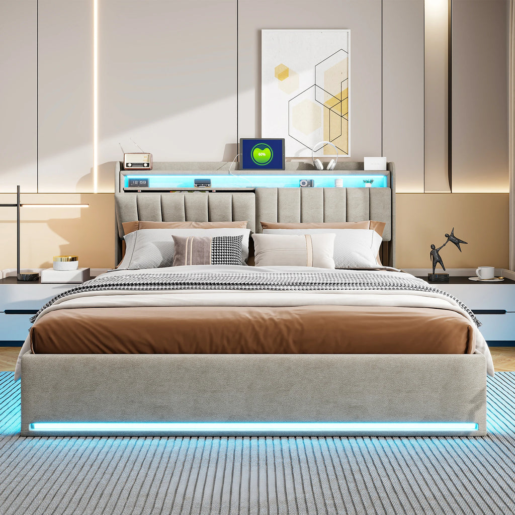 Lit coffre 140 × 200 cm avec LED et port USB