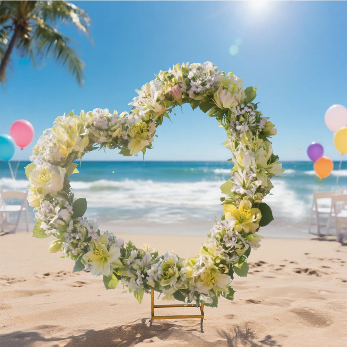 Arche de mariage dorée : arche en cœur en bord de mer.