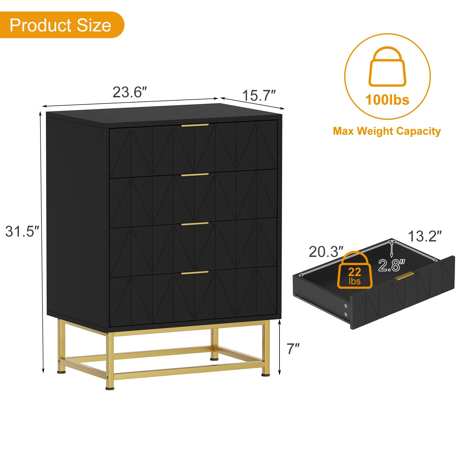 Commode noire 4 tiroirs à motif arbre 60 × 40 × 79 cm
