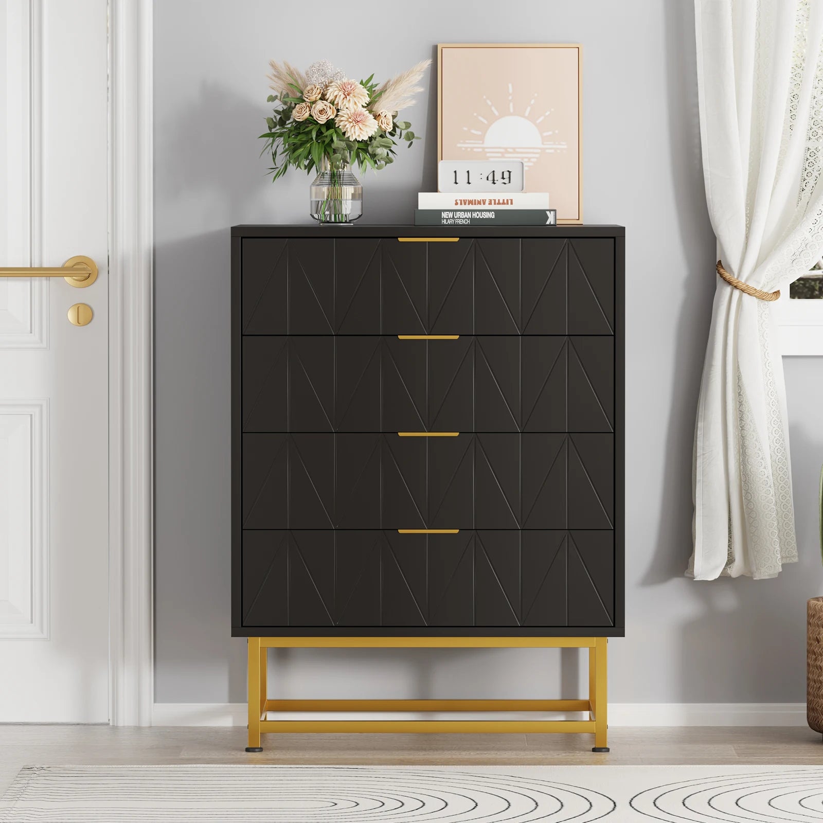 Commode noire 4 tiroirs à motif arbre 60 × 40 × 79 cm