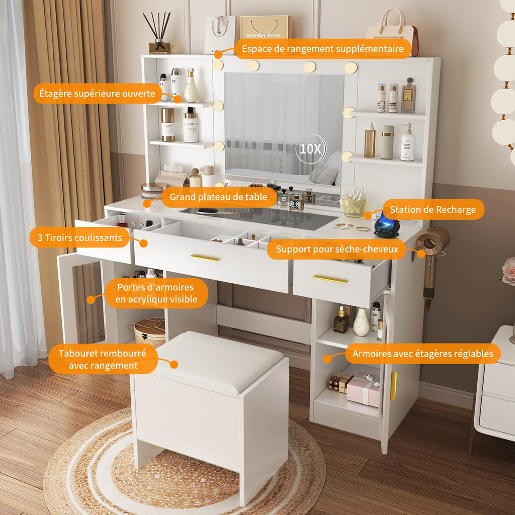 Coiffeuse avec miroir LED, 3 tiroirs et tabouret