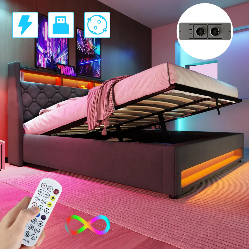 Lit coffre 140 × 190 cm avec LED et ports USB