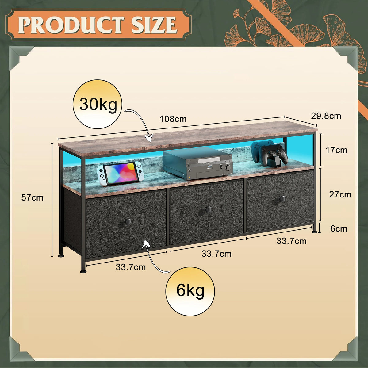 Meuble TV vintage avec LED et trois tiroirs textiles, modèle Noir-108 × 29.8 × 57cm