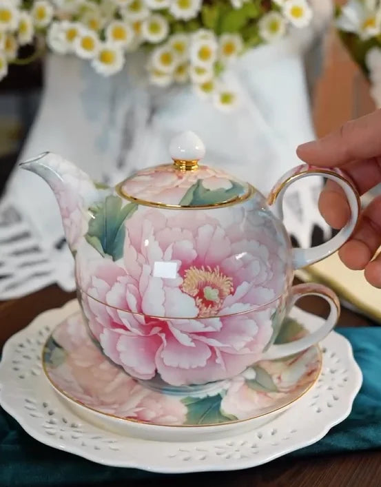 Théière, tasse et soucoupe en porcelaine, motif pivoines – vue 8