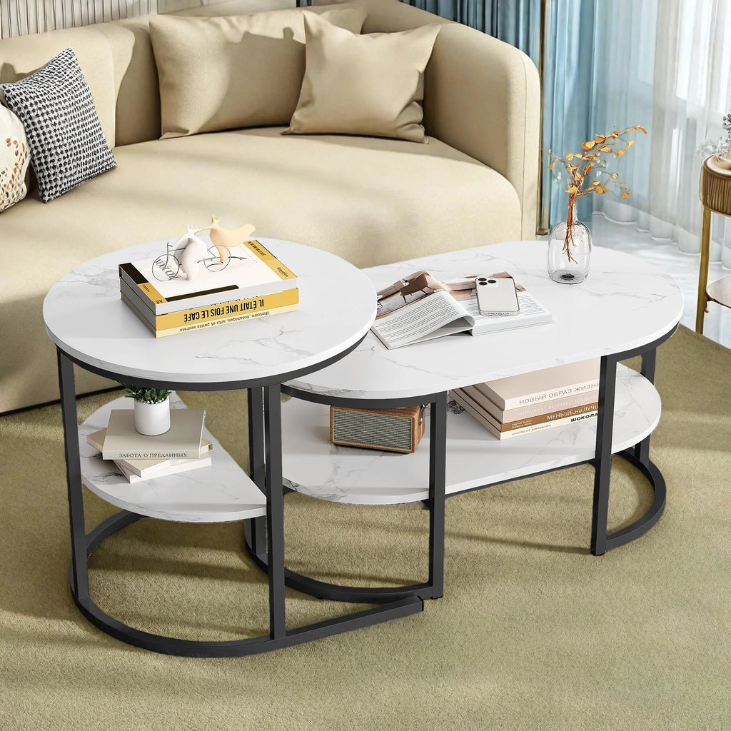 Tables basses gigognes ronde et ovale, effet marbre clair — composition gigogne