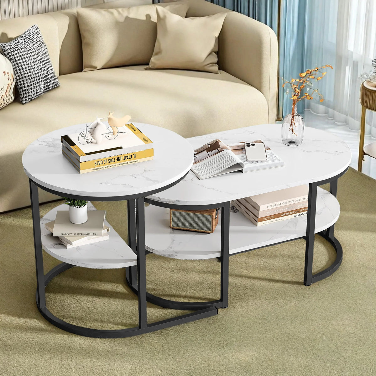 Tables basses gigognes ronde et ovale, effet marbre clair — composition gigogne