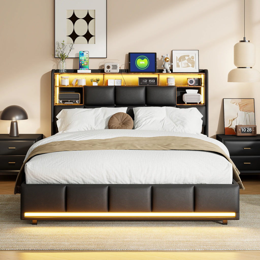 Lit coffre rembourré avec LED et port de charge