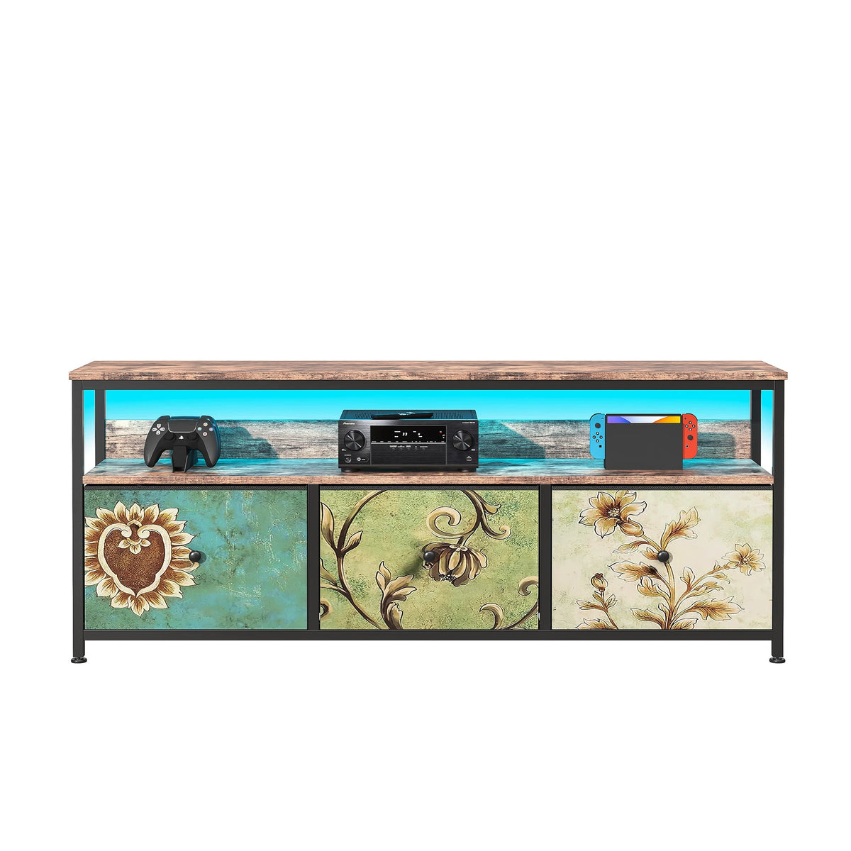 Meuble TV vintage avec LED et trois tiroirs textiles, illustration 12