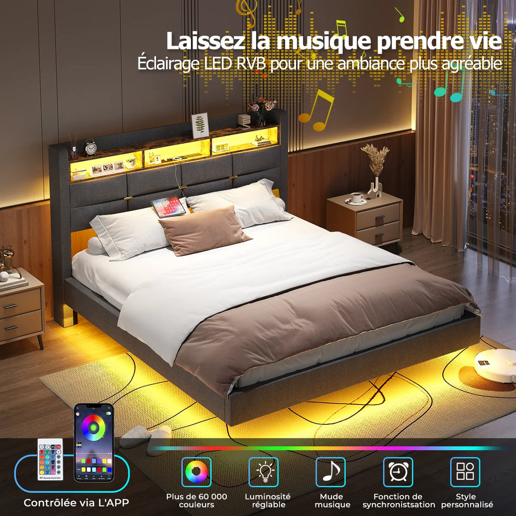 Lit effet flottant avec LED, 2 prises et 2 ports USB
