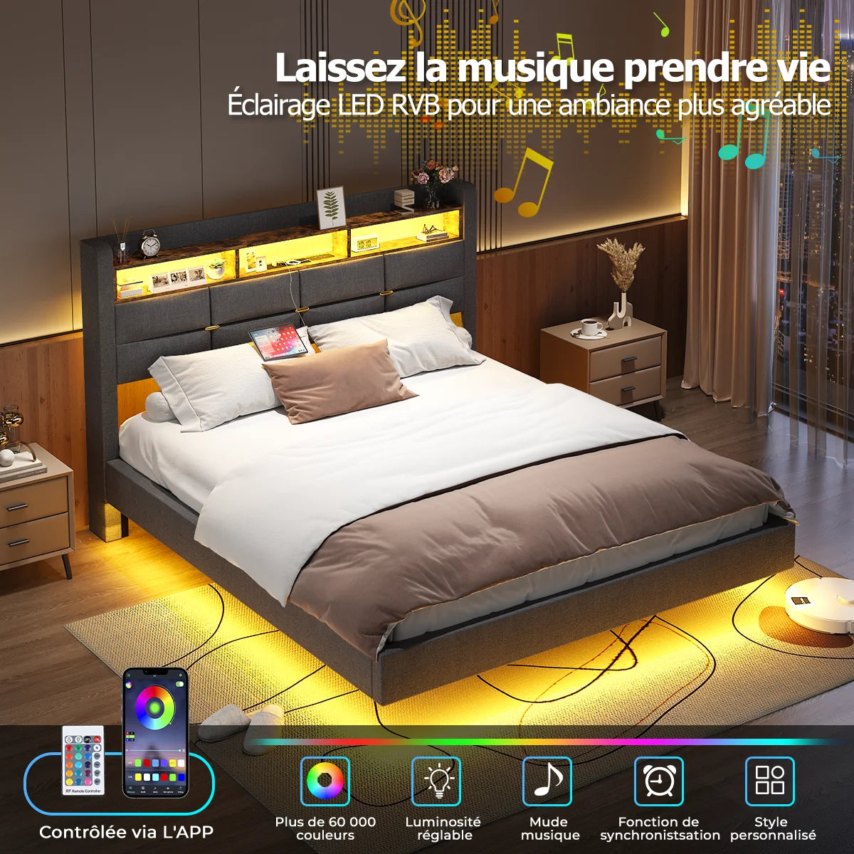 Lit effet flottant avec LED, 2 prises et 2 ports USB