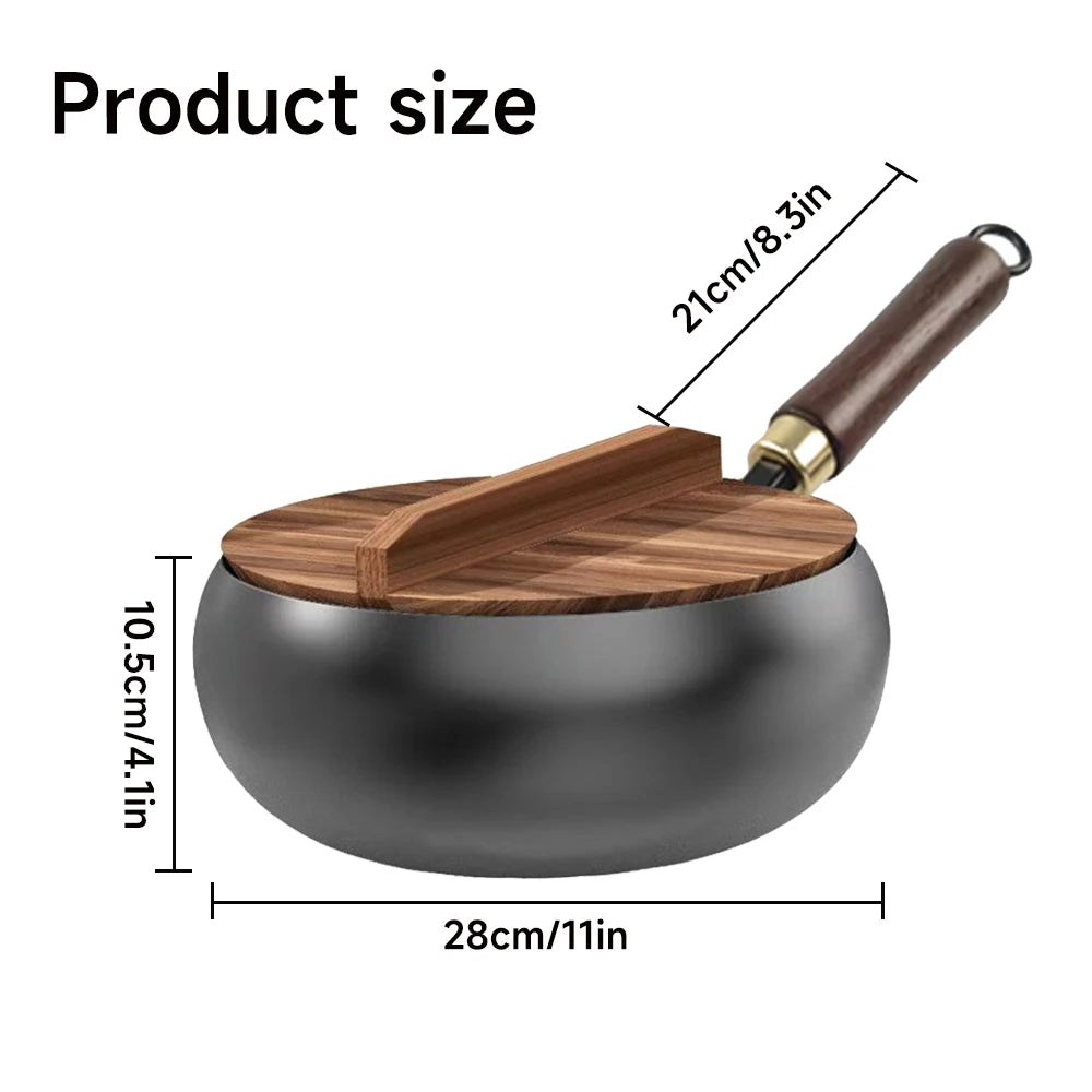 Wok en fer non revêtu avec couvercle en bois