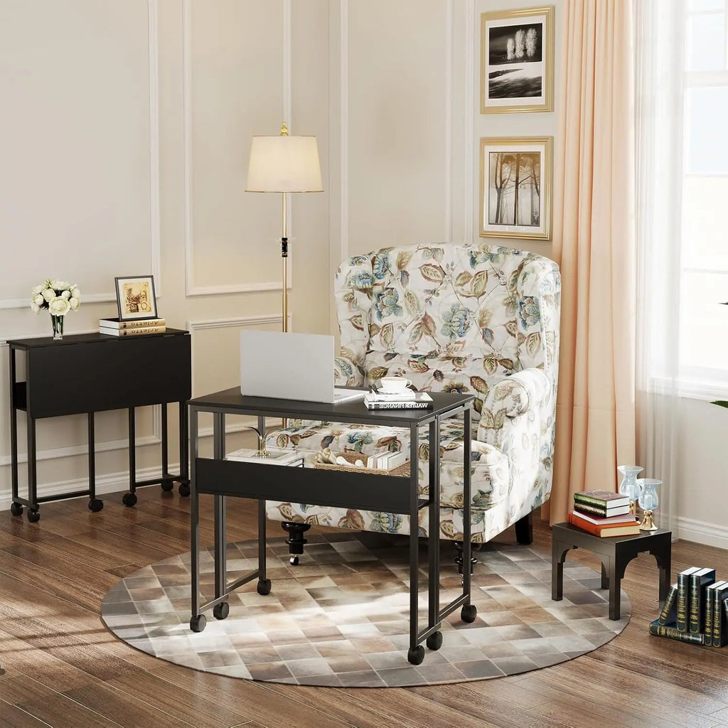 Bureau pliable à roulettes avec étagère de rangement, coloris noir, visuel 8