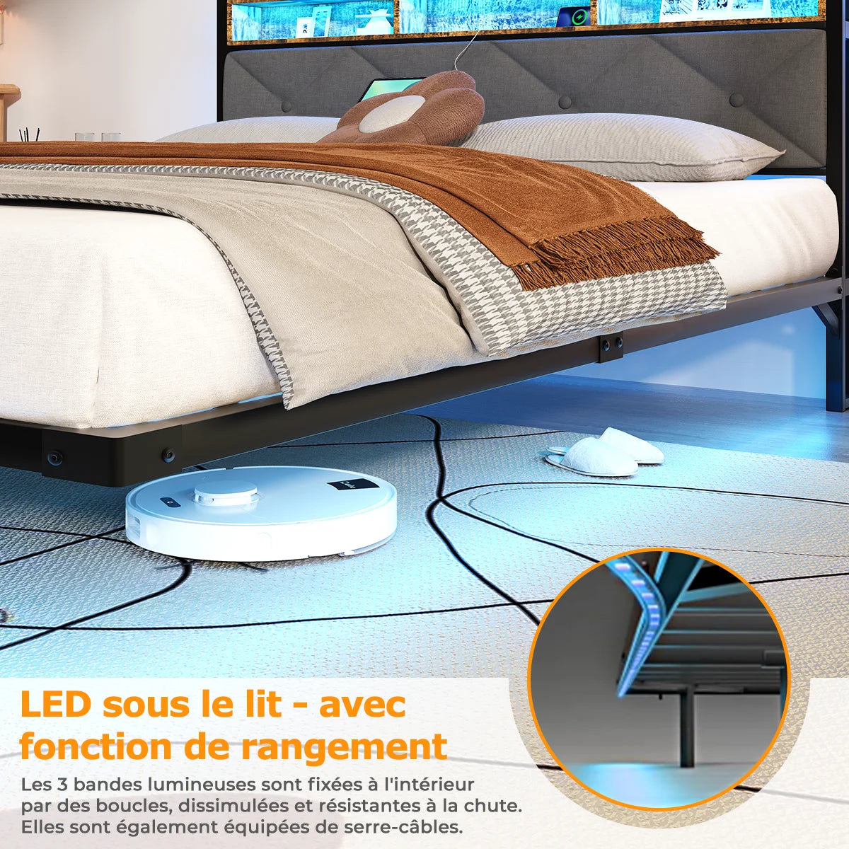 Lit 140 × 190 cm avec LED, USB et rangement