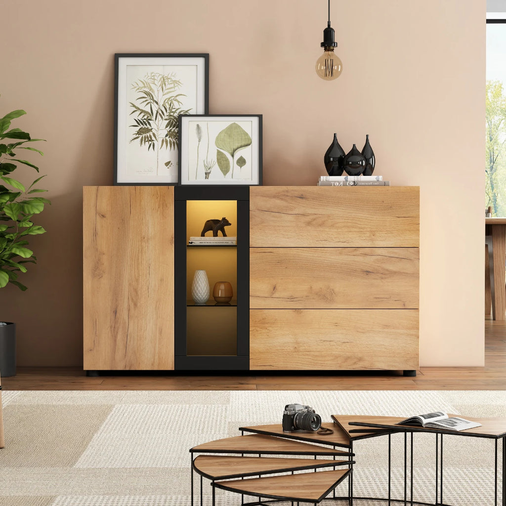 Buffet moderne 140 cm avec vitrine LED et 3 tiroirs