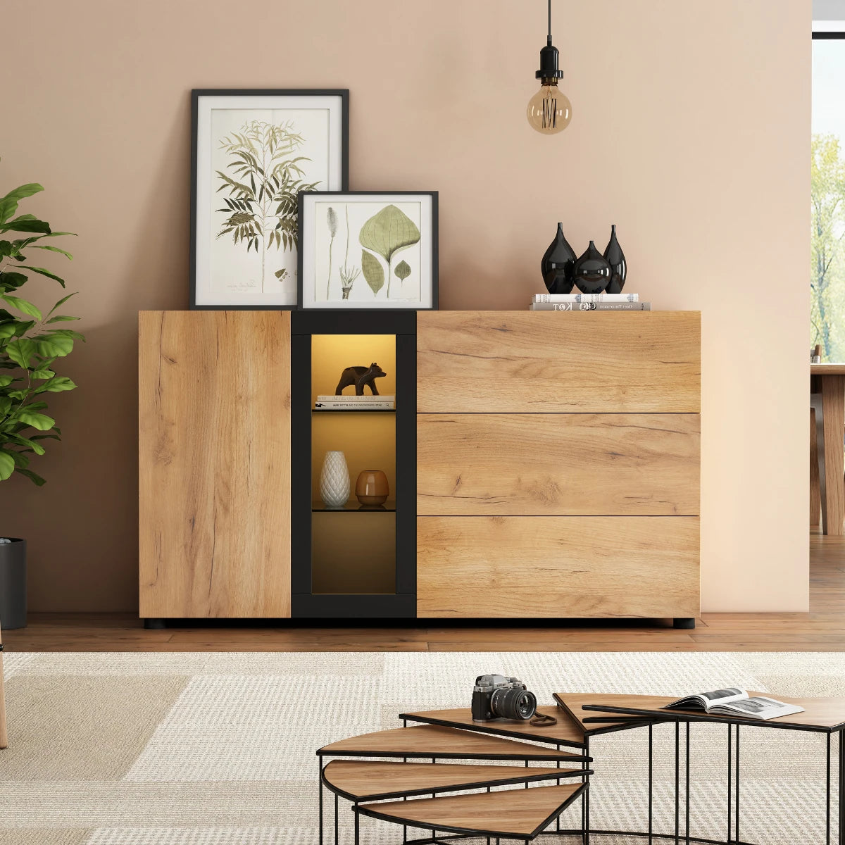 Buffet moderne 140 cm avec vitrine LED et 3 tiroirs