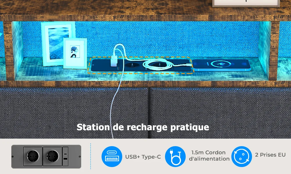 Lit effet flottant avec LED, 2 prises et 2 ports USB