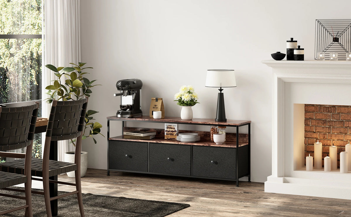 Meuble TV vintage avec LED et trois tiroirs textiles, illustration 4