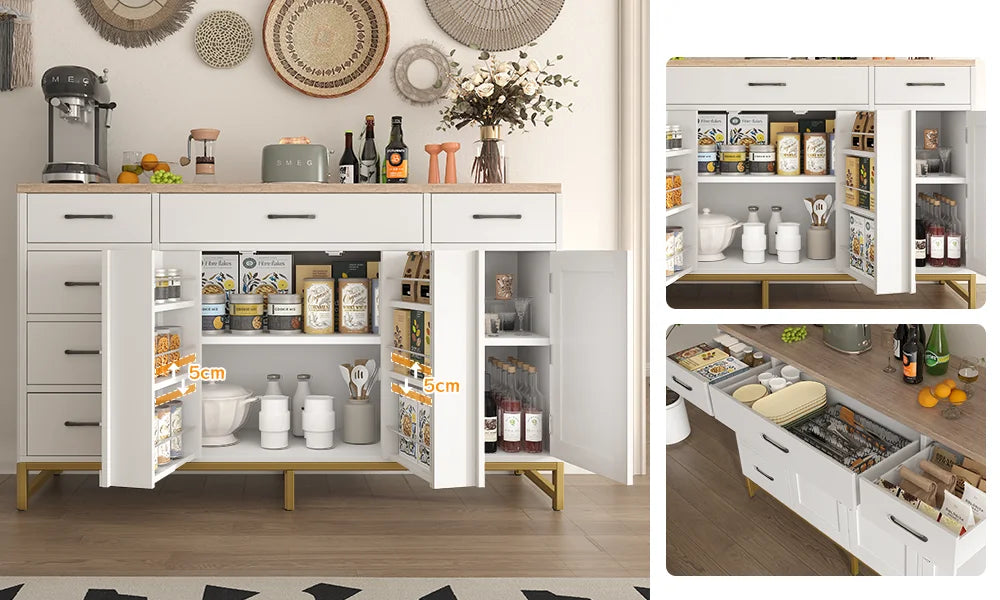 Buffet blanc avec portes ouvertes : étagères et pots rangés, vue rapprochée