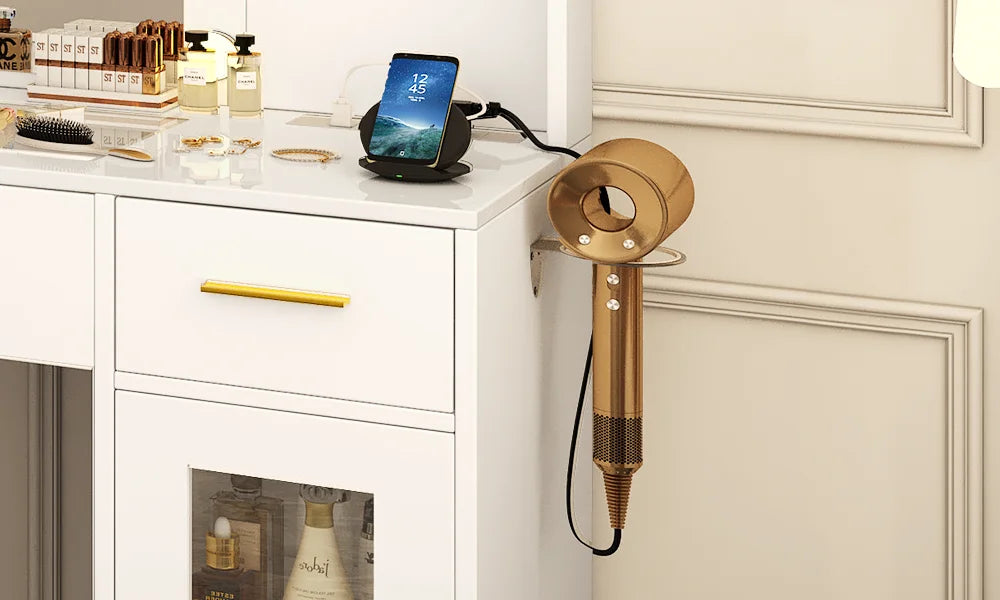 Coiffeuse avec miroir LED, 3 tiroirs et tabouret