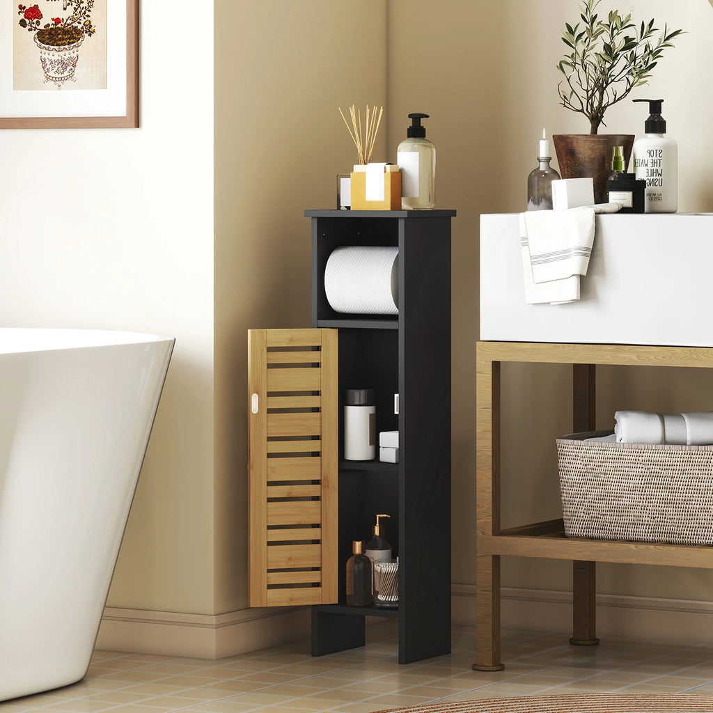 Meuble WC étroit en bois et bambou avec porte-rouleau