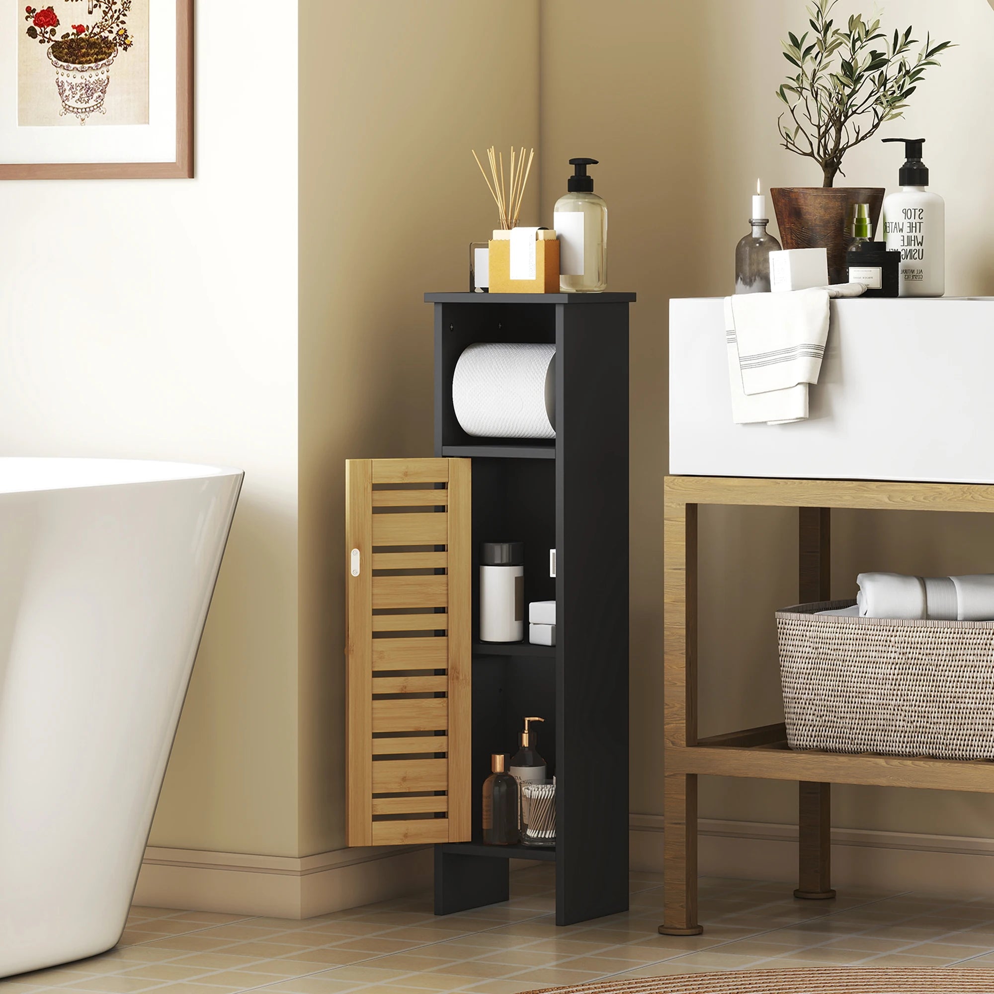 Meuble WC étroit en bois et bambou avec porte-rouleau
