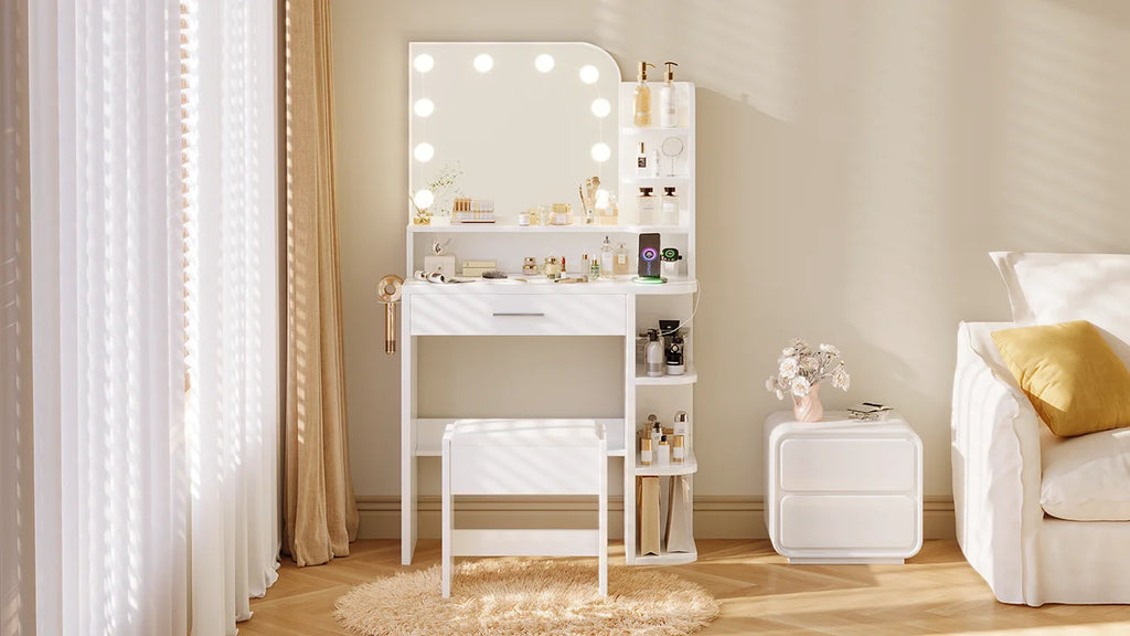Coiffeuse avec miroir LED, tabouret et 4 tiroirs