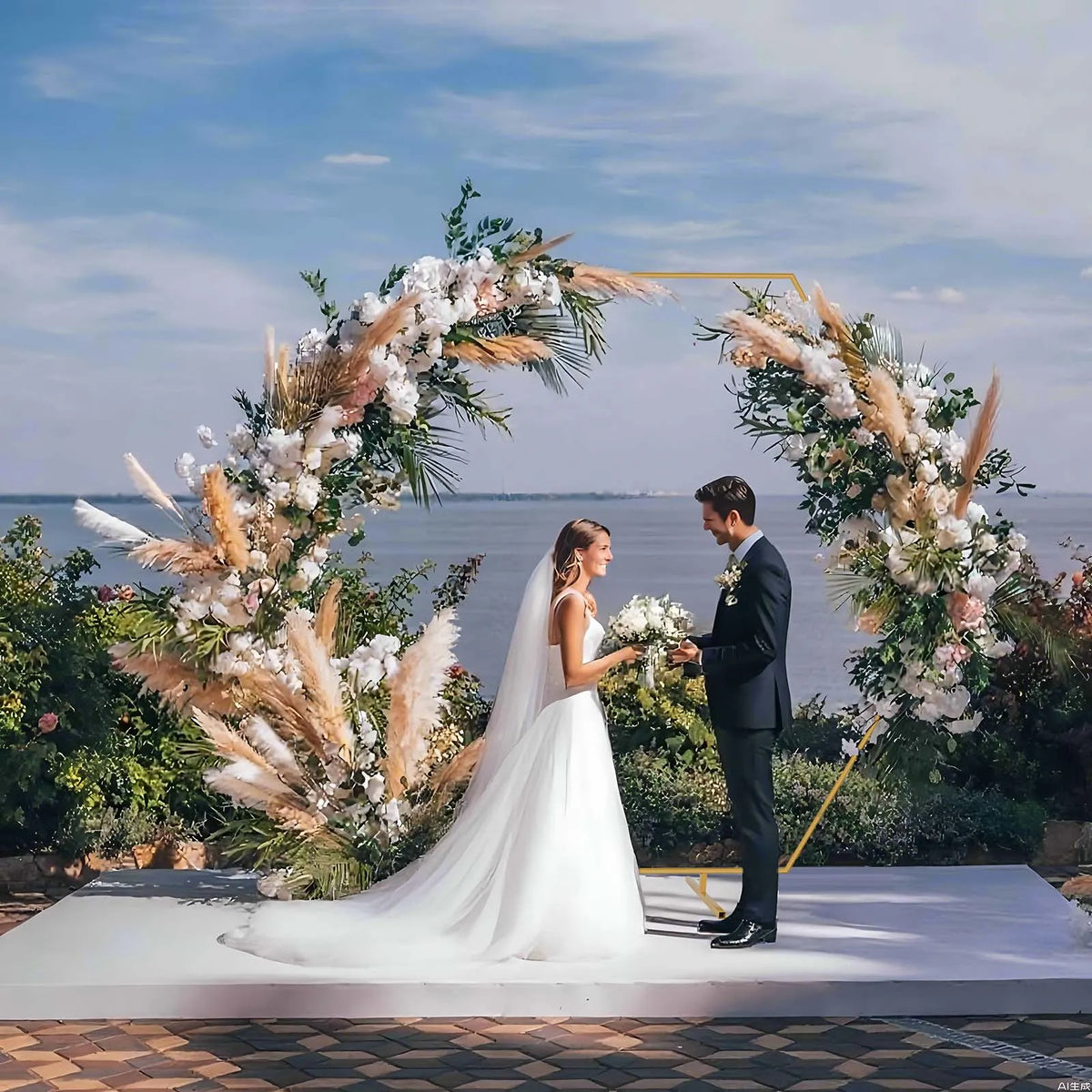 Arche de mariage dorée : arche fleurie en bord de mer.